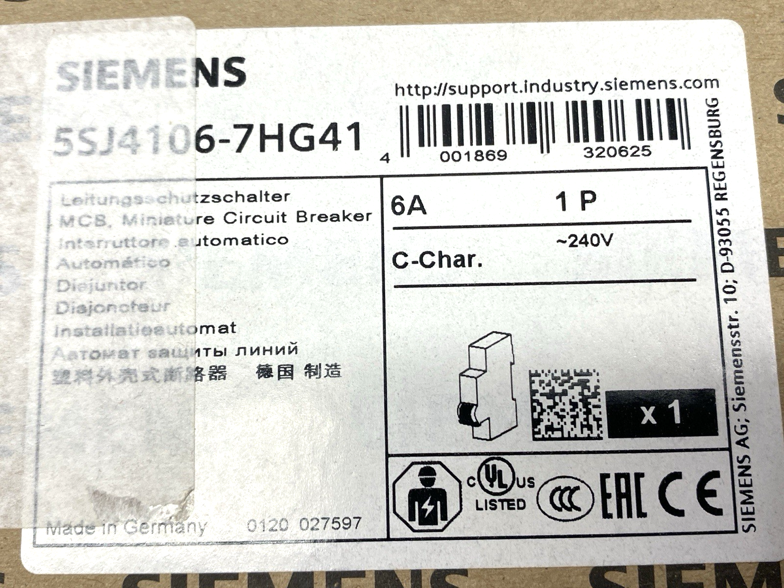 5SJ4106-7HG41 | Siemens Miniature Circuit Breaker 1-Pole 240V 6A - New - Maverick Industrial Sales
