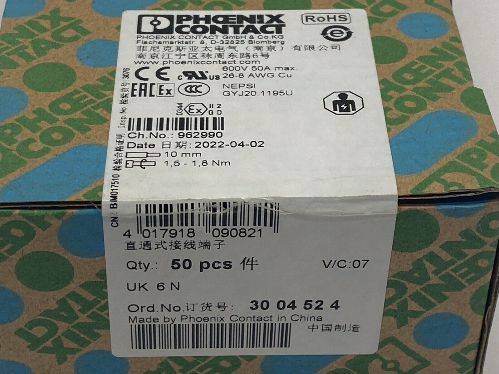 Phoenix Contact Typ UK 6 N Feed Through Terminal Block 3004524 PKG OF 50 - New - Maverick Industrial Sales