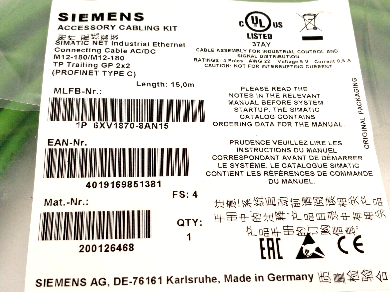 Siemens 6XV1870-8AN15 Ethernet Connection Cable M12 4-Pin 15m 200126468 - Maverick Industrial Sales