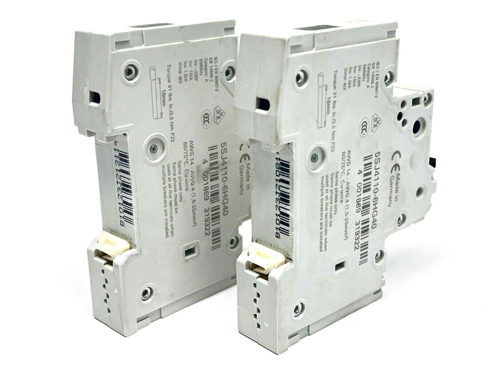 Siemens 5SJ4110-6HG40 Miniature Circuit Breaker 240V 10A LOT OF 2 - Maverick Industrial Sales