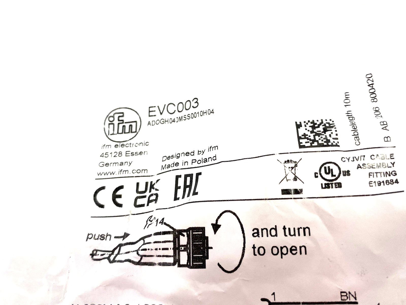 EVC003 | Ifm Single Ended Female Cordset 10m M12 ADOGH040MSS0010H04 - New - Maverick Industrial Sales