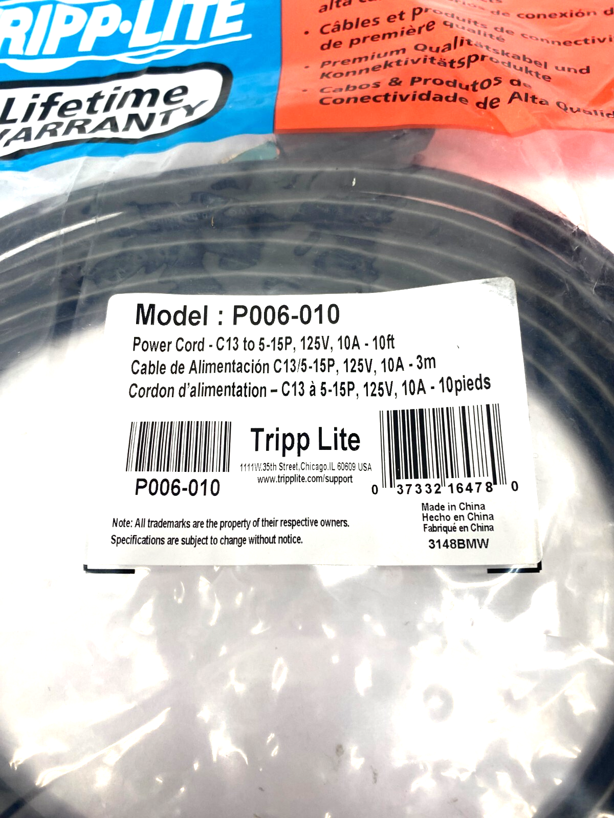 Tripp Lite P006-010 Power Cordset C13 to 5-15P 10ft Length Black - Maverick Industrial Sales