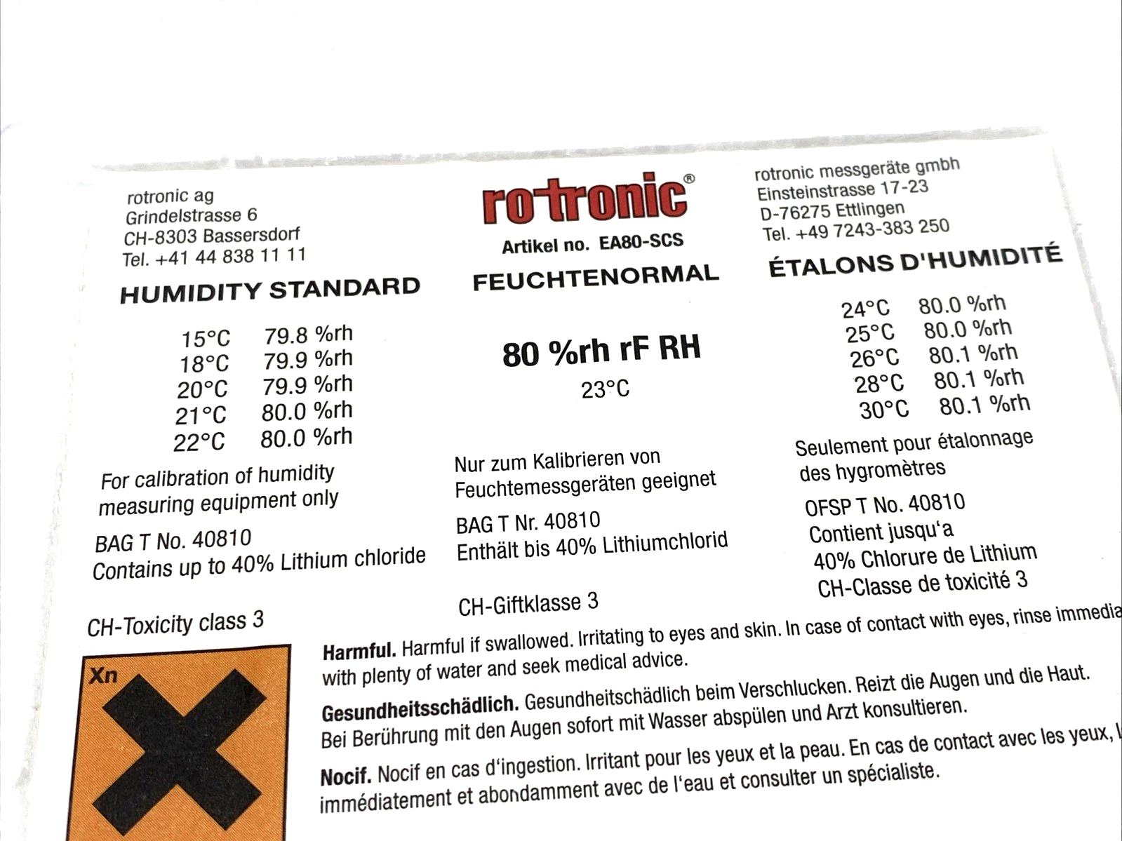 EA80-SCS | Rotronic 80 Percent rh rF RH Humidity Standard 800503, BOX OF 5 - New – Open box - Maverick Industrial Sales