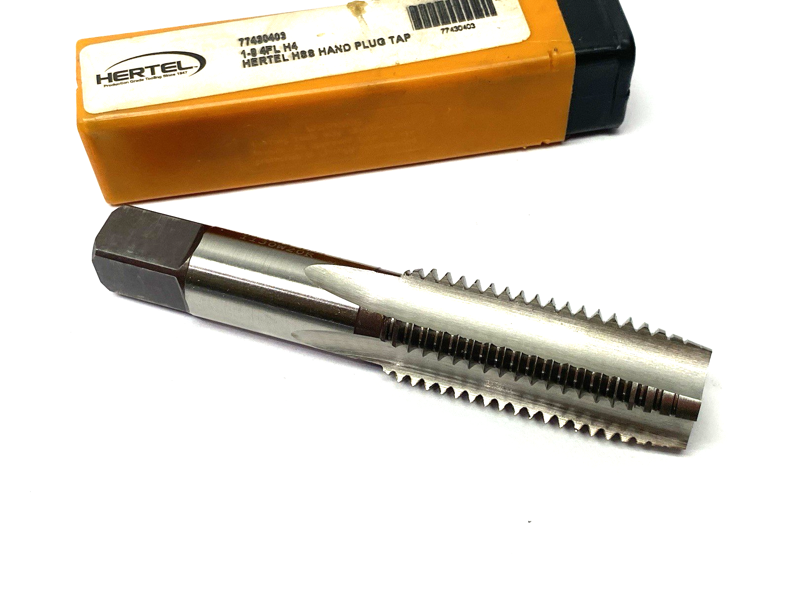 77430403 | Hertel Straight Flute Tap: 1-8 UNC, 4 Flute, Plug Chamfer, 3B Class - New – Open box - Maverick Industrial Sales