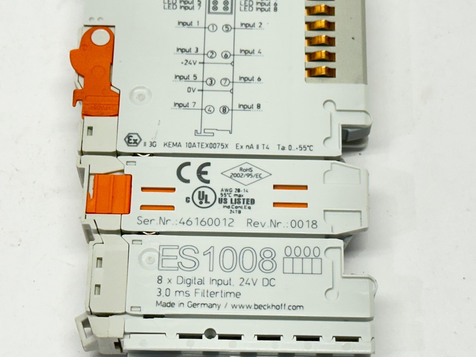 ES1008 | Beckhoff EtherCAT Terminal 8-Channel Digital Input 3ms 24VDC - Used - Maverick Industrial Sales