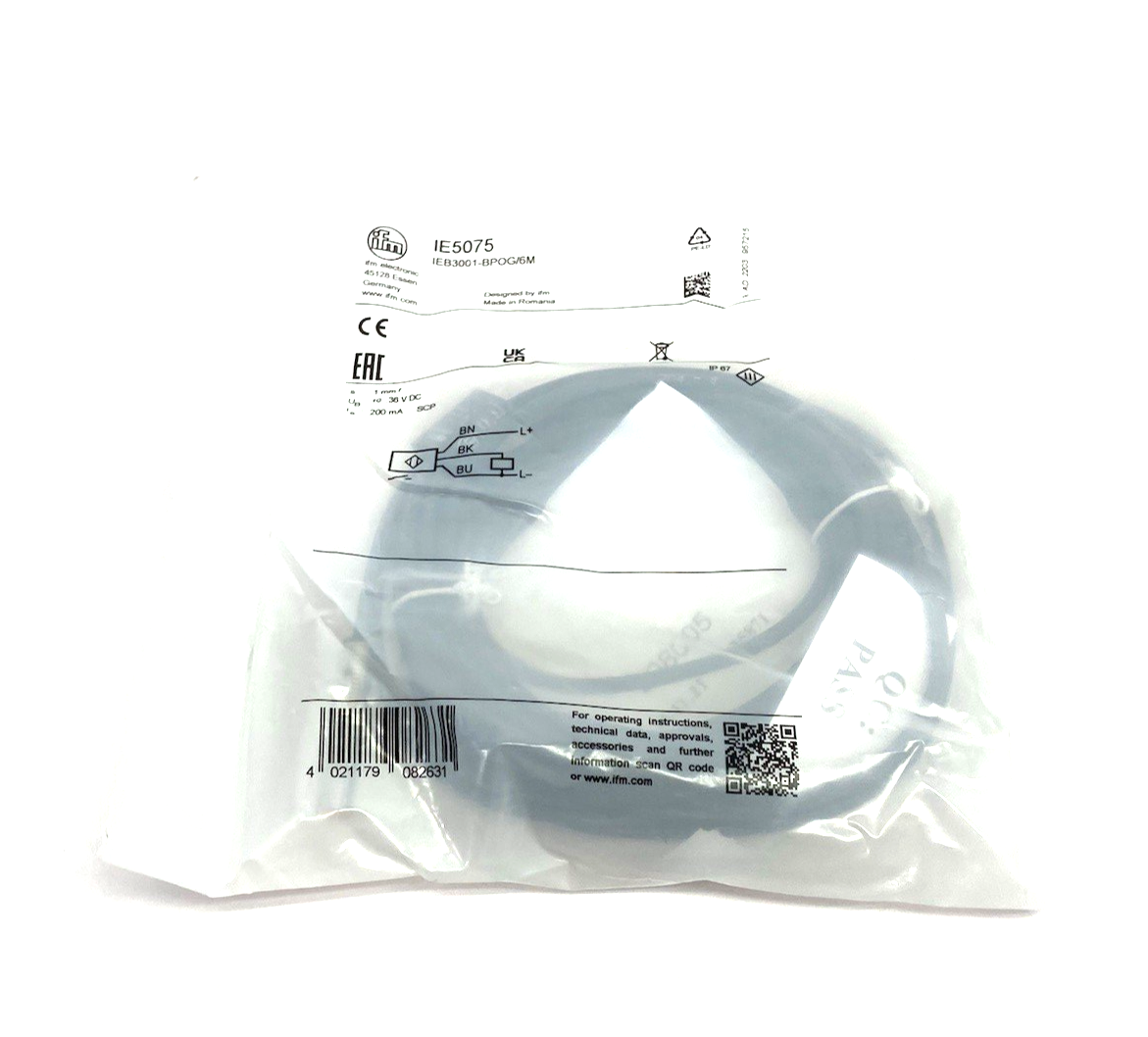 IE5075 | Ifm Short Housing Inductive Sensor, 6m PVC Cable, PNP NO, IEB3001-BPKG/6M - New - Maverick Industrial Sales