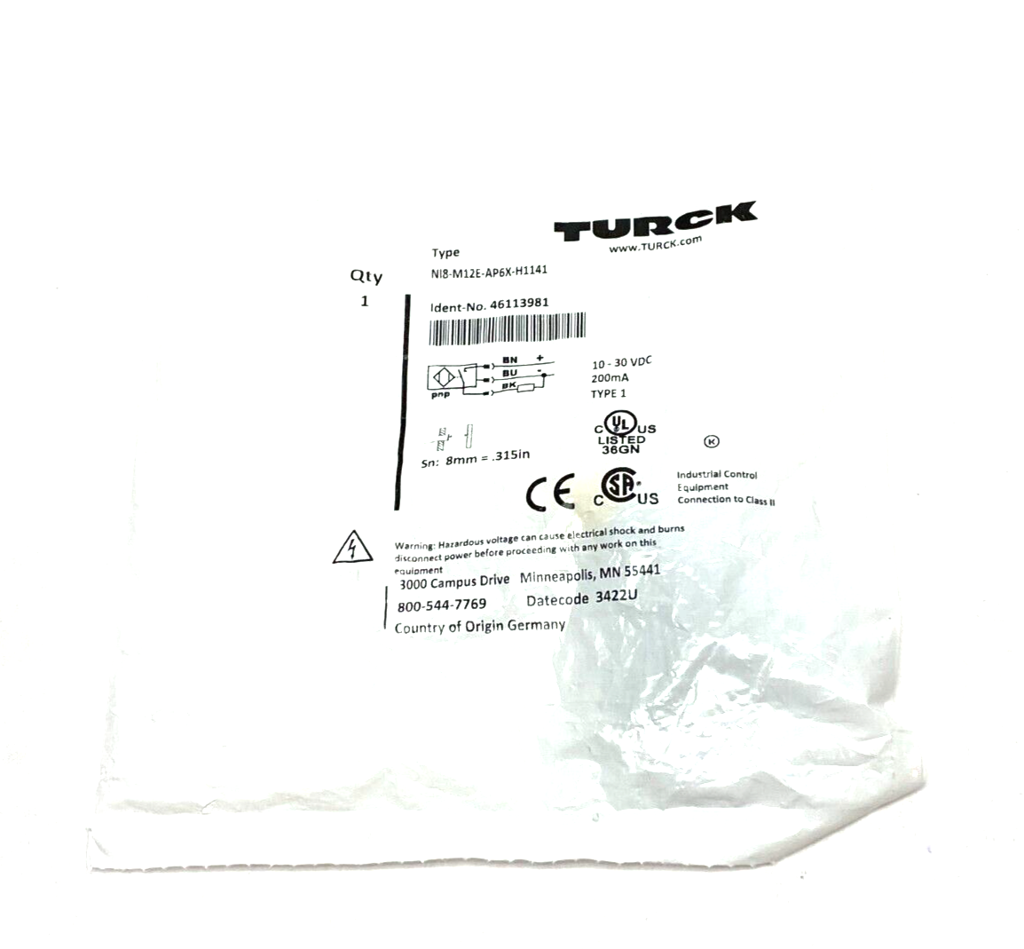 46113981, NI8-M12E-AP6X-H1141 | Turck NI8-M12E-AP6X-H1141 Inductive Proximity Sensor 3-Wire 10-30VDC 46113981 - New - Maverick Industrial Sales