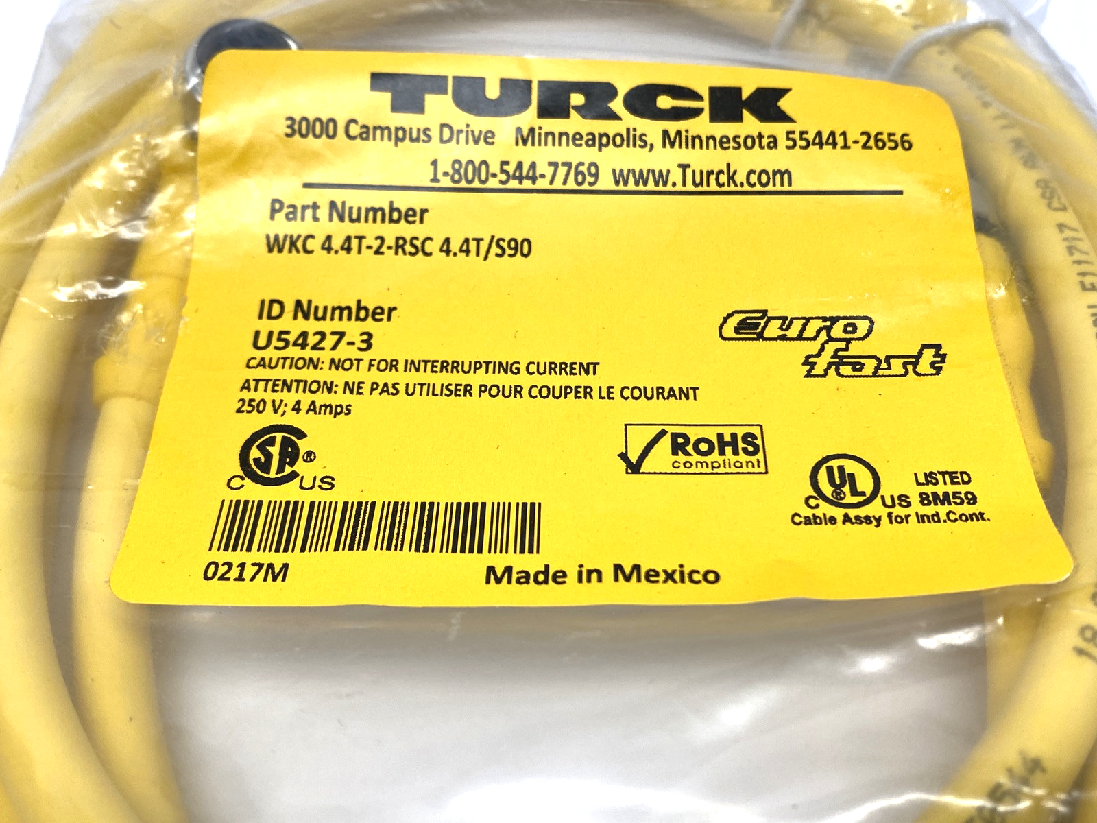 Turck WKC 4.4T-2-RSC 4.4T/S90 EuroFast Double-Ended Cordset M12 F to M U5427-3 - Maverick Industrial Sales