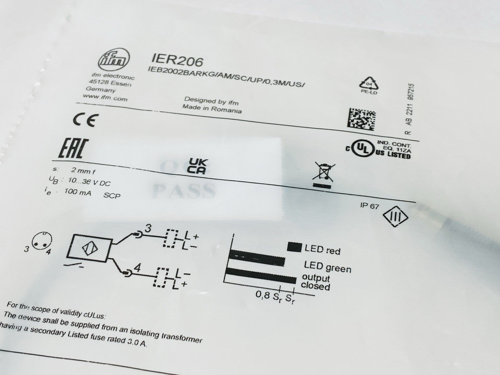 IFM IER206 Inductive Full Metal Sensor M8 IEB2002BARKG/AM/SC/UP/0,3M/US/ - Maverick Industrial Sales