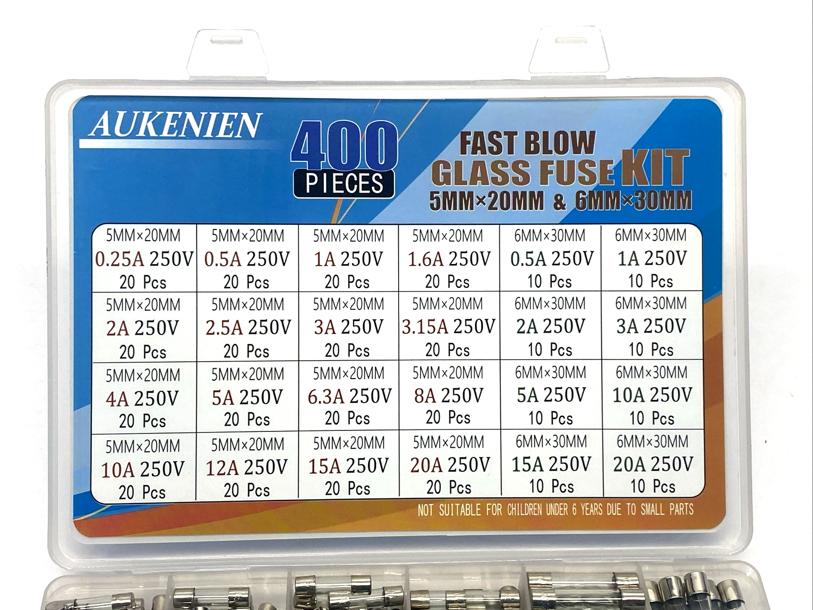 Aukenien 24 Values Fast Blow Glass Fuse Kit 6mm x 30mm & 5mm x 20mm 400 PCS KIT - Maverick Industrial Sales