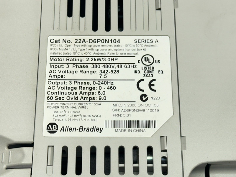 Allen Bradley 22A-D6P0N104 Ser A PowerFlex 4 AC Drive 3HP 2.2kW 3PH - Maverick Industrial Sales