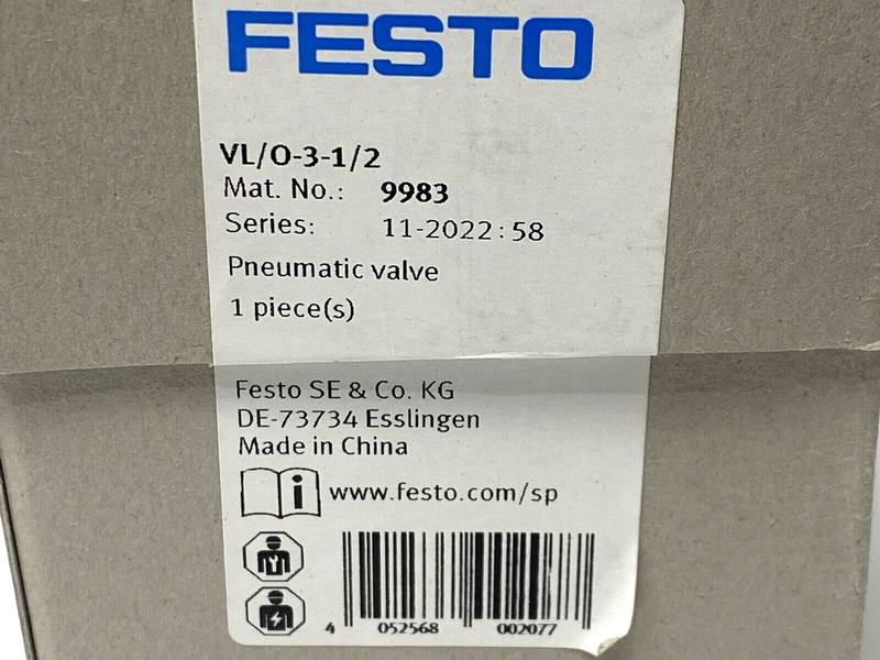 Festo VL/O-3-1/2 Pneumatic Valve 9983 - Maverick Industrial Sales