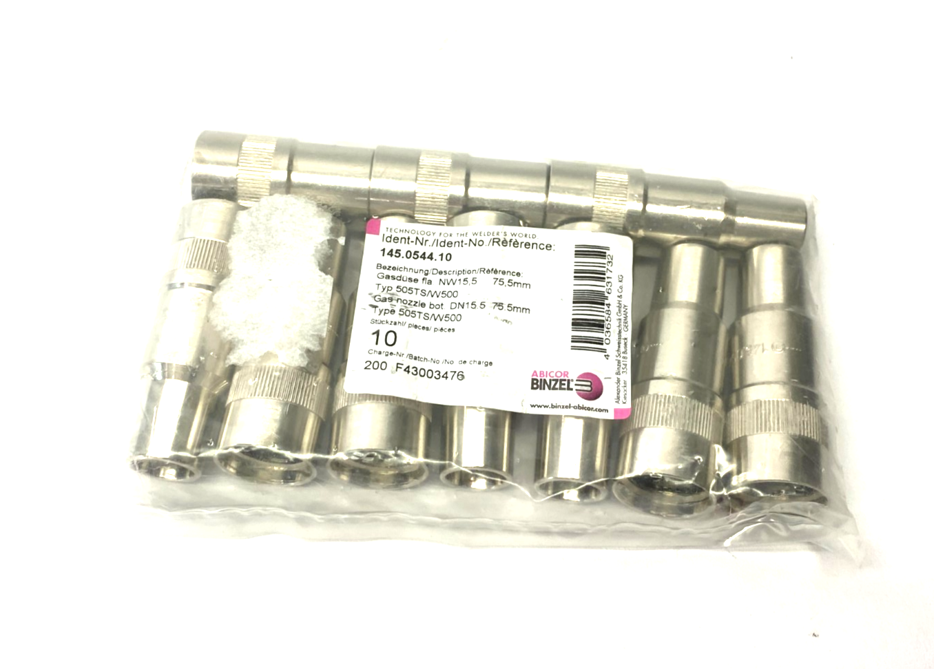 Abicor Binzel 145.0544 Gas Nozzle Robo C-Thread Bfm 15.5 x 75.5 PKG OF 10 - Maverick Industrial Sales