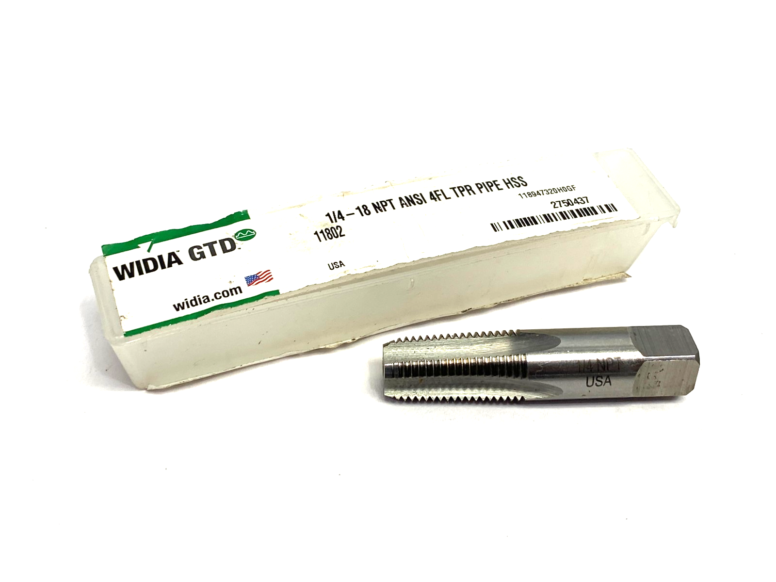 Widia 2750437 Standard Chamfer Pipe Tap 1/4 - 18 NPT ANSI 4FL TPR HSS - Maverick Industrial Sales