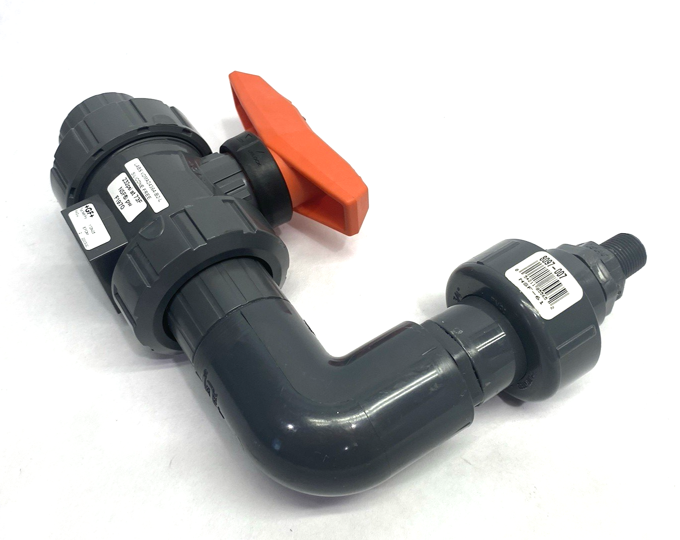 161546244 | Georg Fischer Typ 546 Pro Ball Valve PVC-U, 1" Socket Ends, to Rt Angle Adapter - New – Open box - Maverick Industrial Sales