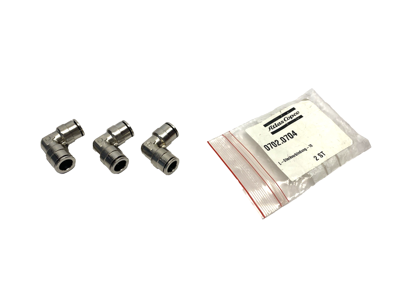 Atlas Copco 0702.0704 Elbow L Fitting, 10mm Push Connect, 702.0704 LOT OF 3 - Maverick Industrial Sales