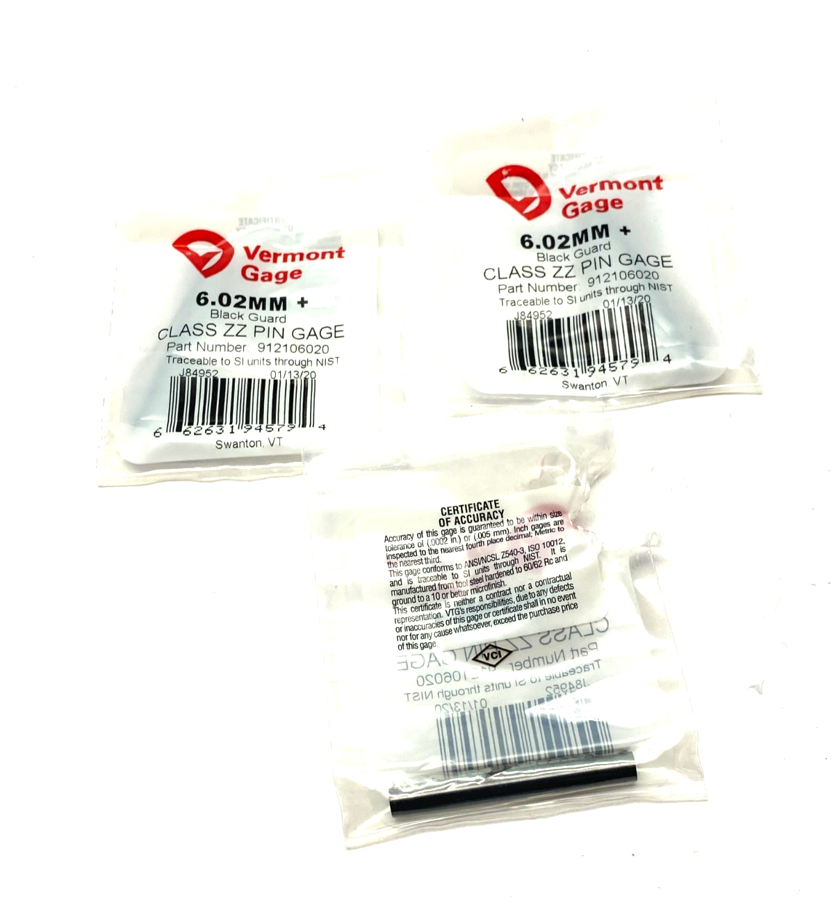 Vermont Gage 912106020 Black Guard Class ZZ Plus Pin Gage LOT OF 3 - Maverick Industrial Sales