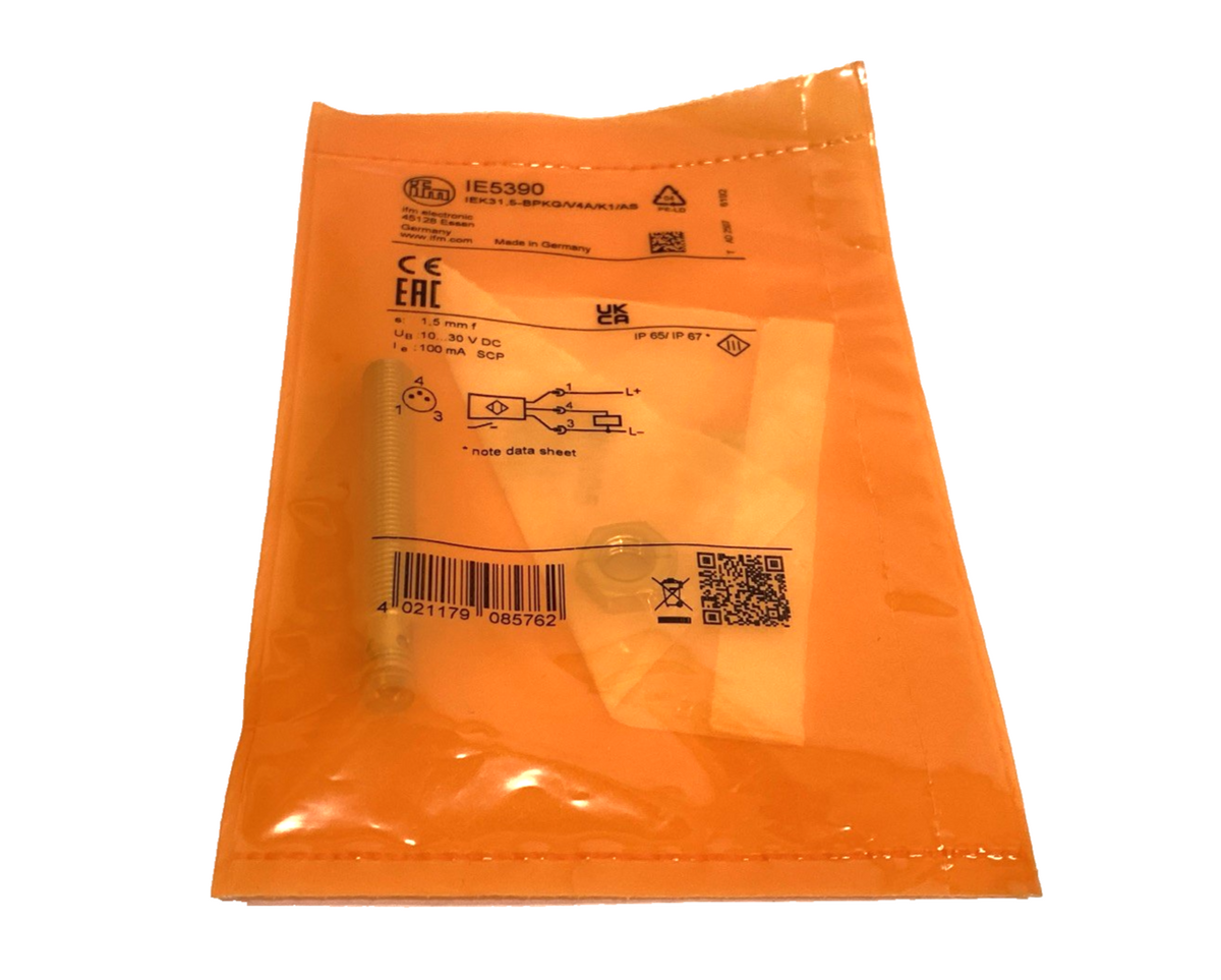 IE5390 | ifm Inductive Sensor M8 3-Pin IEK31,5-BPKG/V4A/K1/AS - New - Maverick Industrial Sales