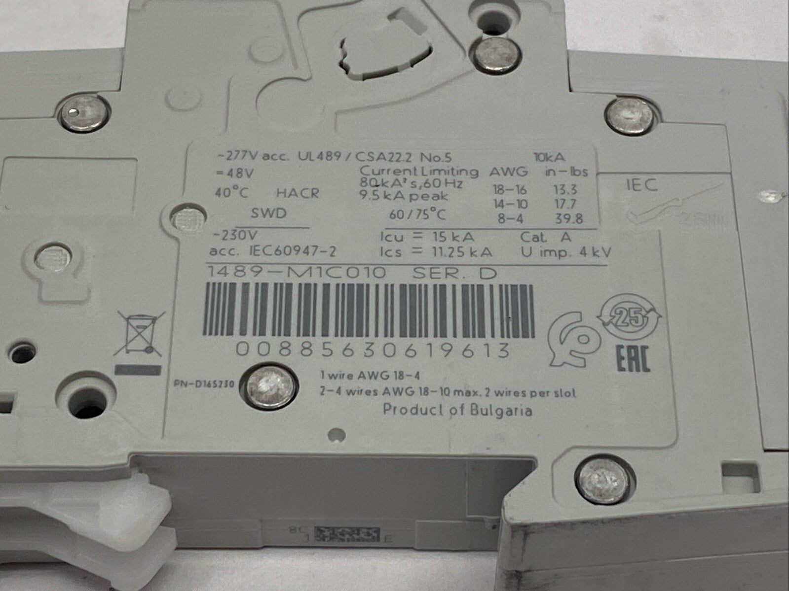Allen Bradley 1489-M1C010 Ser. D Miniature Circuit Breaker 1-Pole 1A 277V - Maverick Industrial Sales