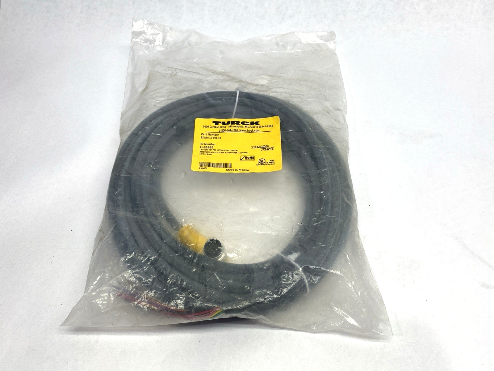 Turck BSWM 12-001-10 VersaFast Single Ended Cordset M16 Male 10M U-93986 - Maverick Industrial Sales