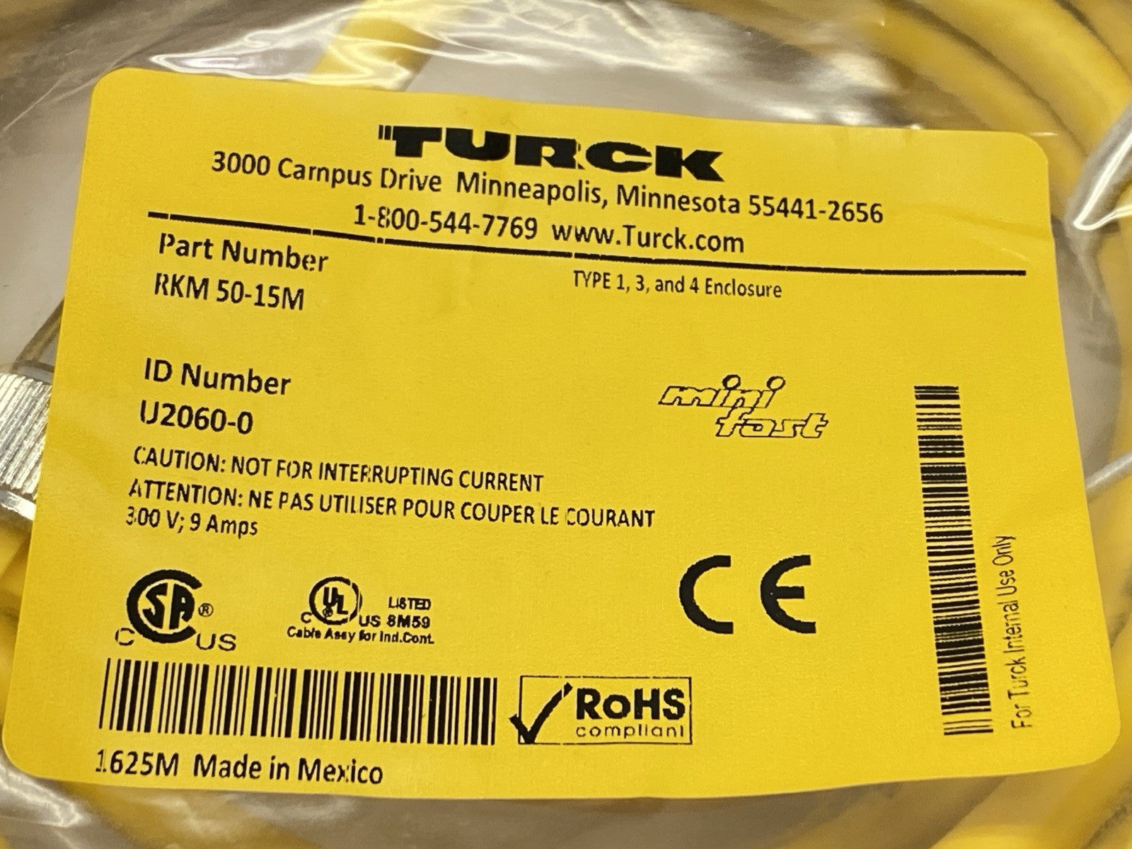 RKM 50-15M | Turck Mini Fast Actuator Sensor Cable 7/8" Female 5-Pin 15m U2060-0 - New - Maverick Industrial Sales