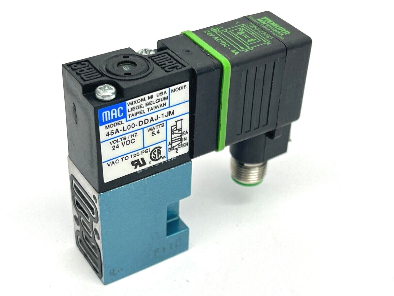 Mac Valves 45A-L00-DDAJ-1JM Solenoid Valve 24VDC w/ MURR 7000-42081 Connector - Maverick Industrial Sales