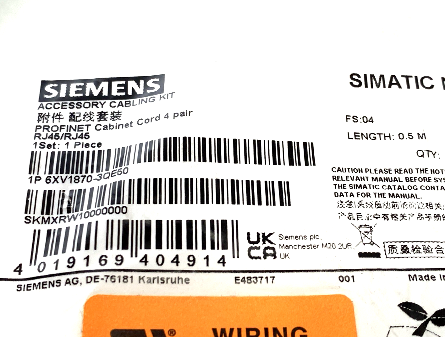 Siemens 6XV1870-3QE50 Industrial Ethernet TP Cord RJ45/RJ45 CAT 6A 0.5m - Maverick Industrial Sales