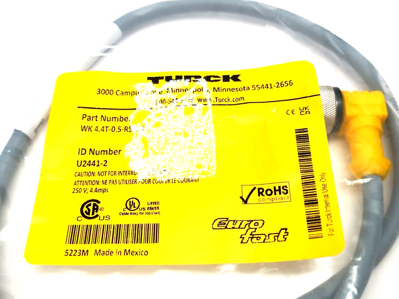 Turck WK 4.4T-0.5-RS 4.4T Cordset M12 Male To Right Angle Female 0.5m U2441-2 - Maverick Industrial Sales