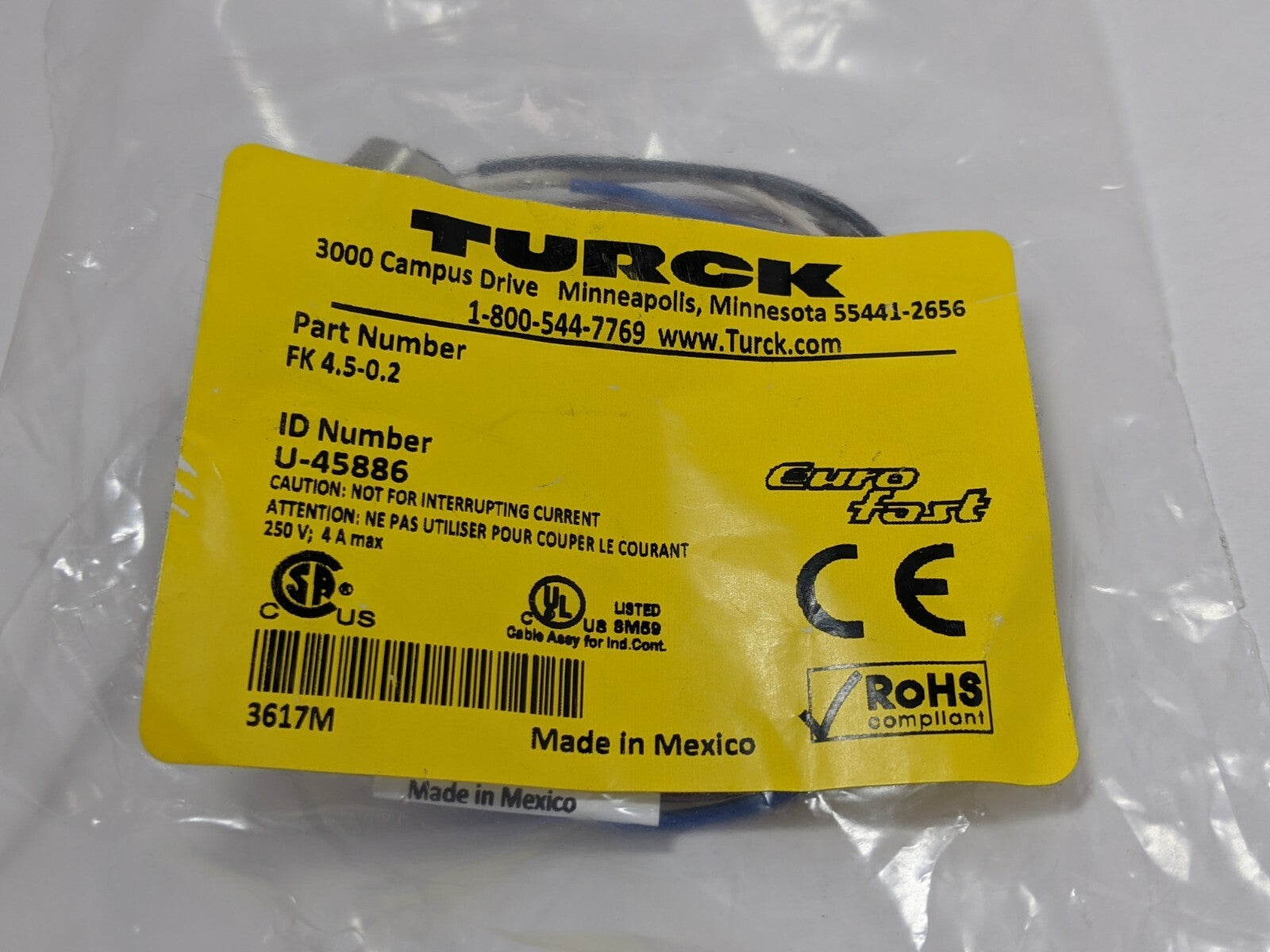 FK 4.5-0.2 | Turck Connector M12 Female 5 Wire 0.2m U-45886 - New - Maverick Industrial Sales