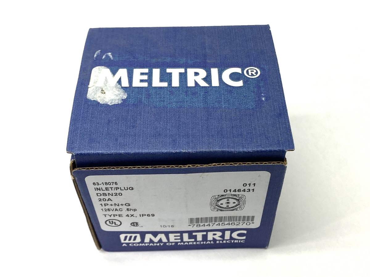 Meltric 63-18075 Male Inlet Plug DSN20 1P+N+G Type 4X & IP69 .75hp 125VAC 20A - Maverick Industrial Sales