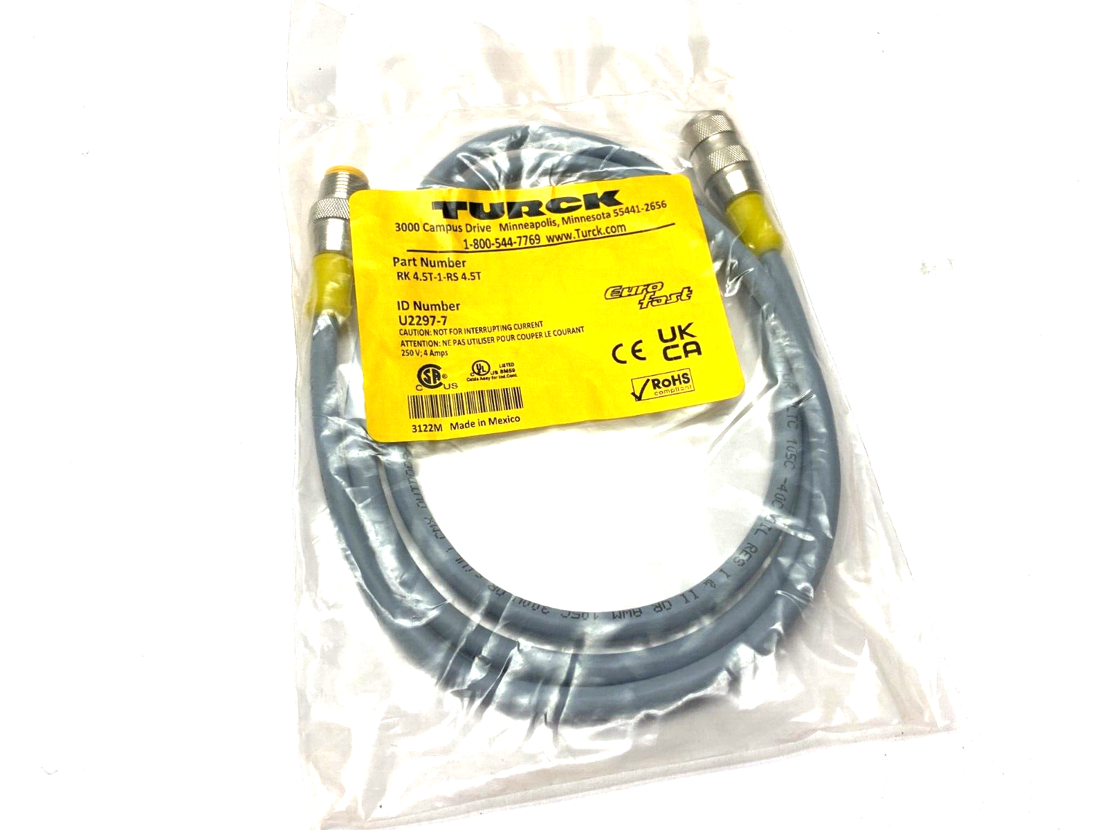 Turck RK 4.5T-1-RS 4.5T Eurofast Double Ended Cordset U2297-7 - Maverick Industrial Sales