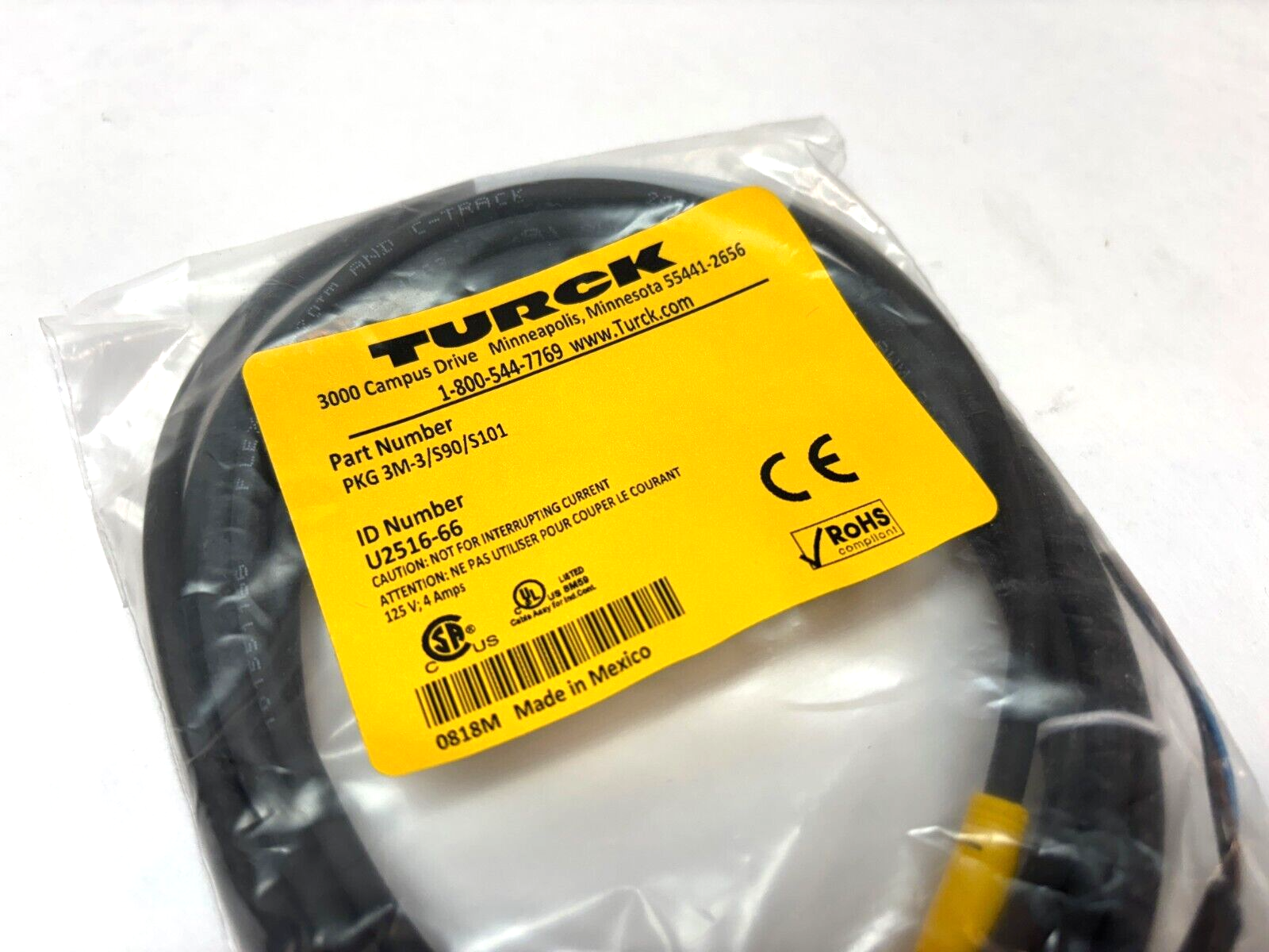 Turck PKG 3M-3/S90/S101, M8 Picofast Cable Cordset, U2516-66, 3M - Maverick Industrial Sales