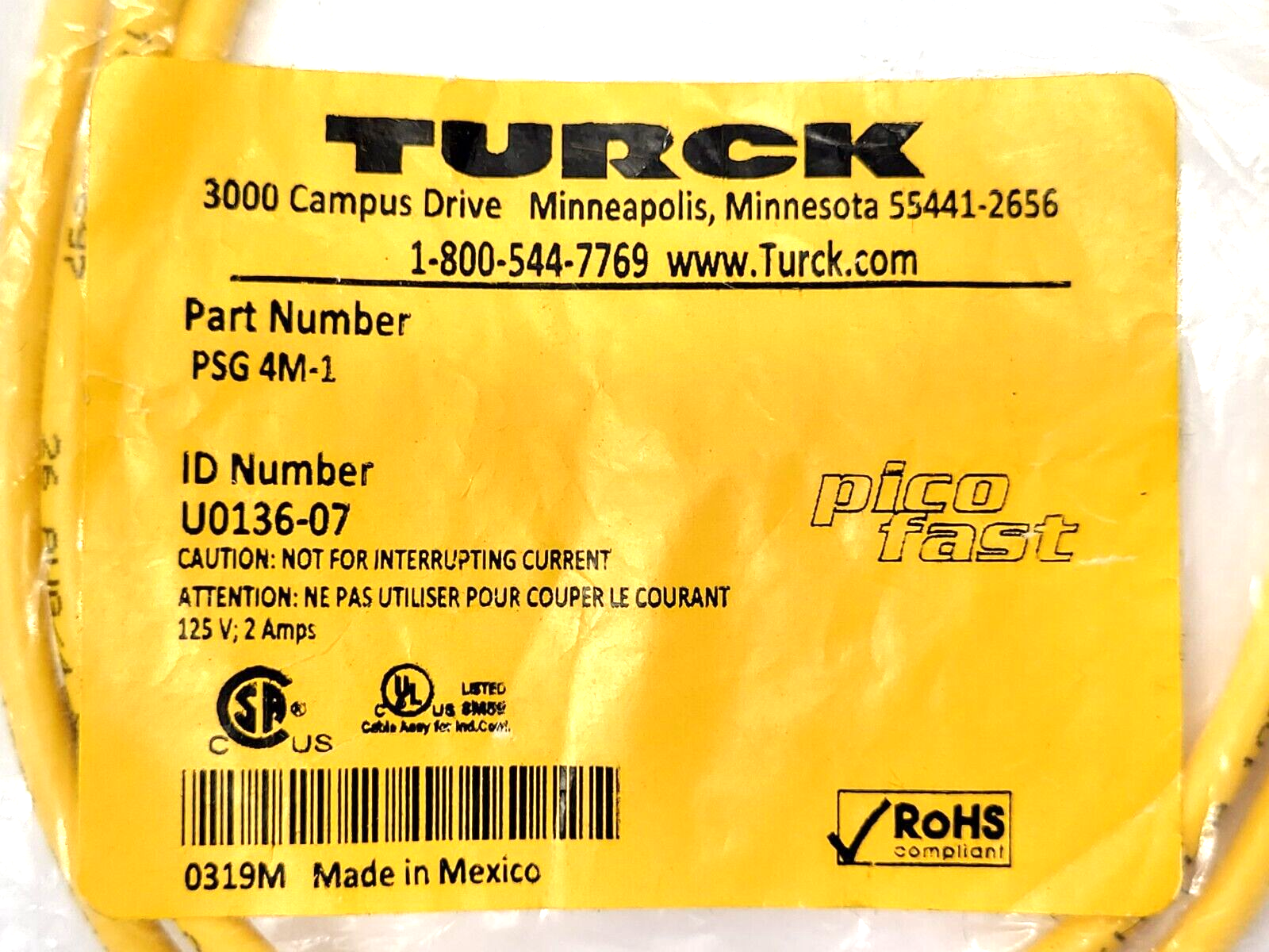 Turck PSG 4M-1 Picofast M8, Male, 4-Pin Connection Cable U0136-07 - Maverick Industrial Sales