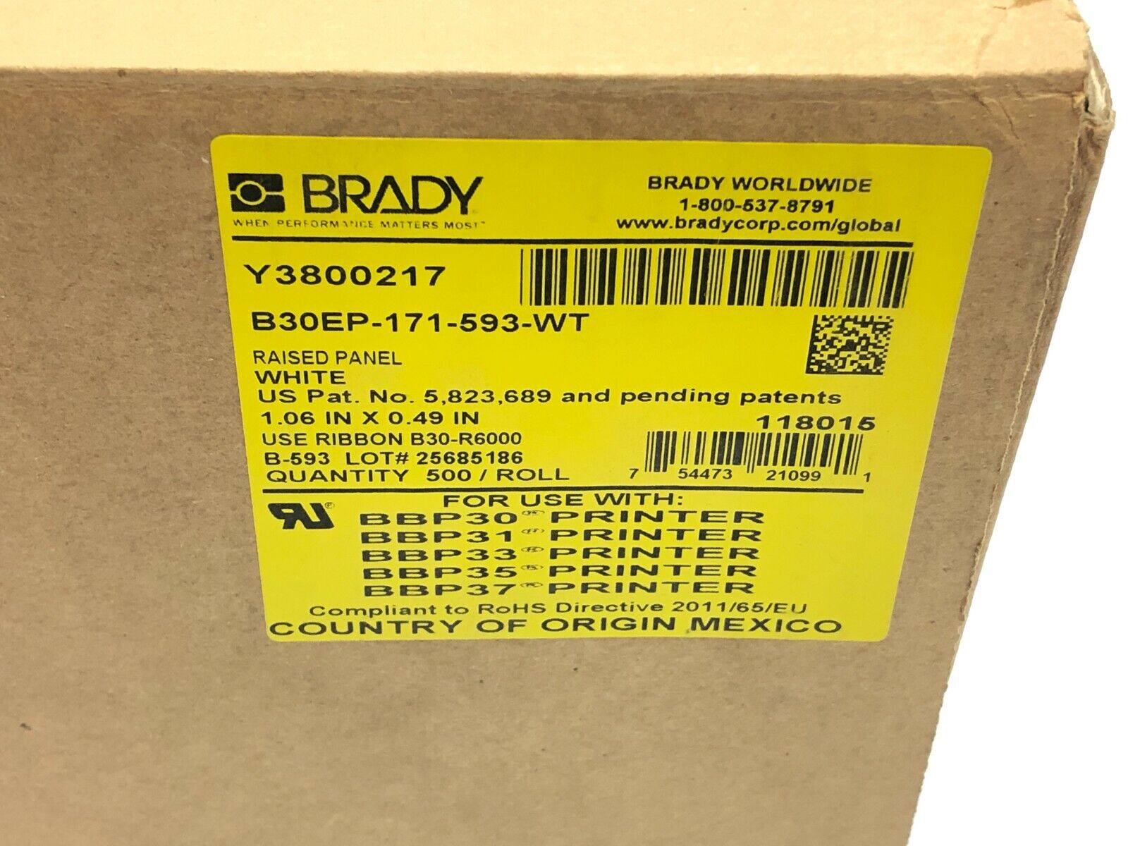 Brady B30EP-171-593-WT Raised Profile Rectangular Labels - Maverick Industrial Sales