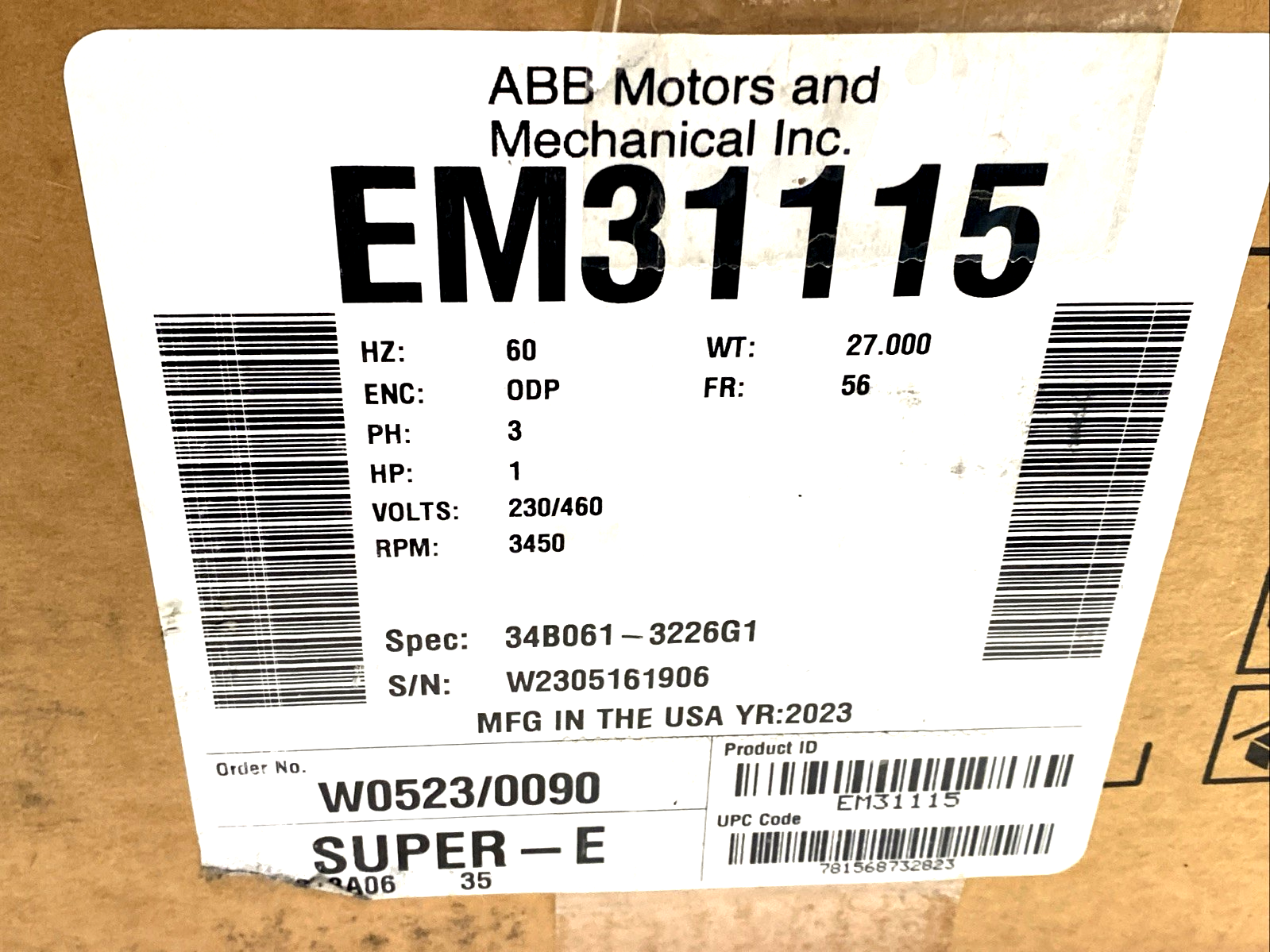 EM31115 | Baldor Super-E Motor 1HP, 3PH, 60HZ, 56 Frame, 230/460V 34B061-3226G1 - New – Open box - Maverick Industrial Sales