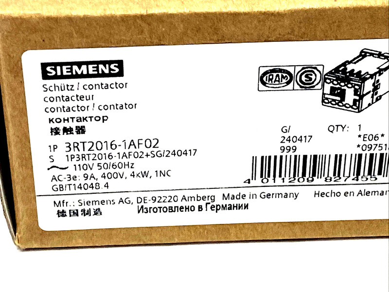 Siemens 3RT2016-1AF02 Contactor 3P AC-3e/AC-3, 9 A, 4 kW 400V 110VAC - Maverick Industrial Sales