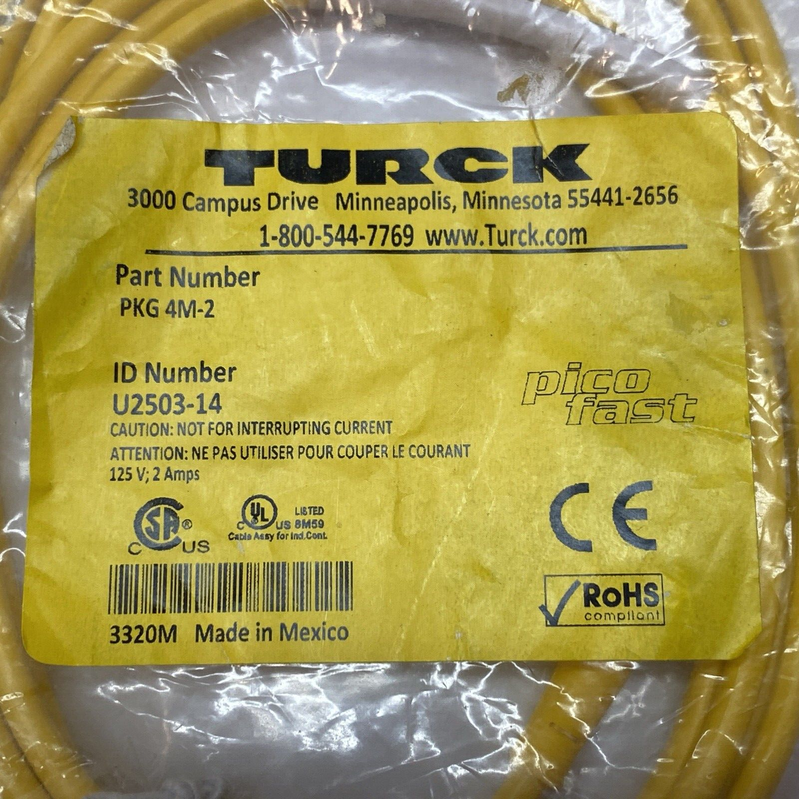 Turck PKG 4M-2 Picofast Cordset M8 4-Pin Female to Cut-End Yellow U2503-14 - Maverick Industrial Sales