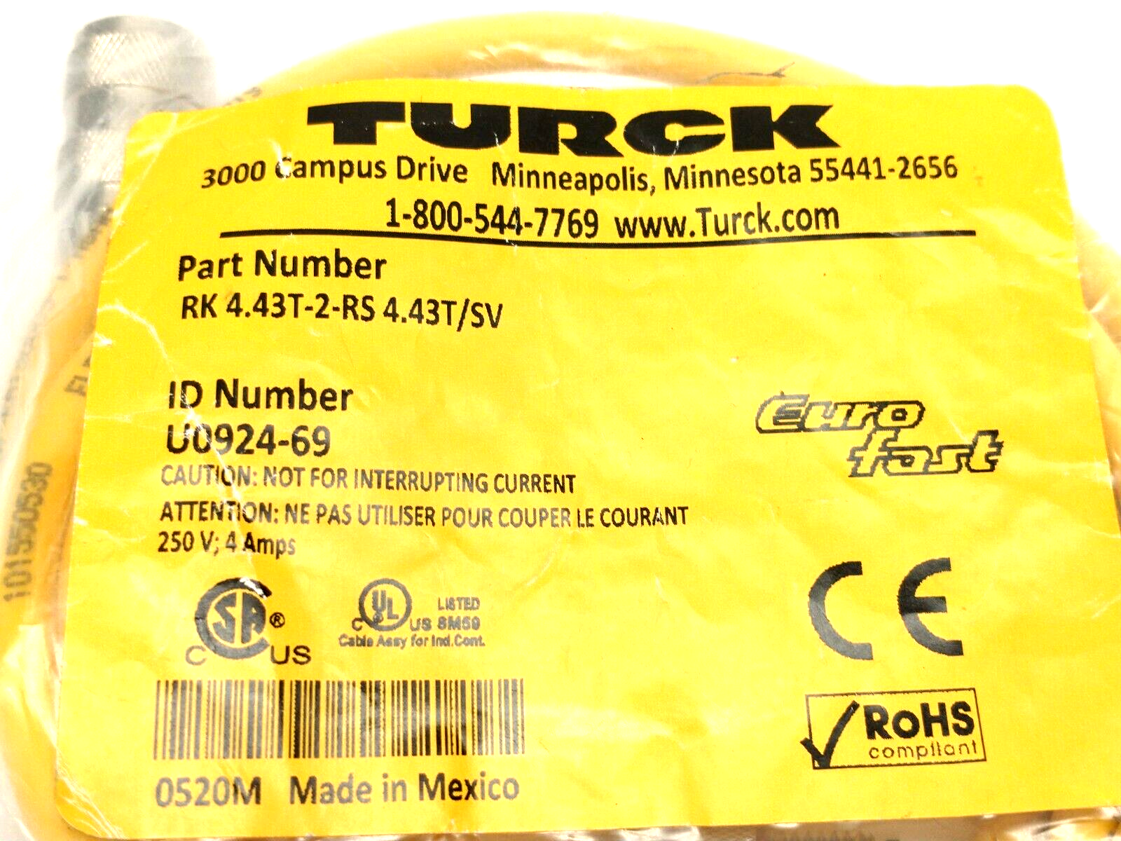 Turck RK 4.43T-2-RS 4.43T/SV Cordset 4-Pin Straight Male To Female 2m U0924-69 - Maverick Industrial Sales