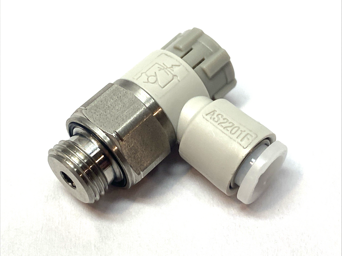 AS2201FG-G01-06A | SMC Pneumatic Speed Flow Control Valve, Elbow, 1/8" - New – Open box - Maverick Industrial Sales