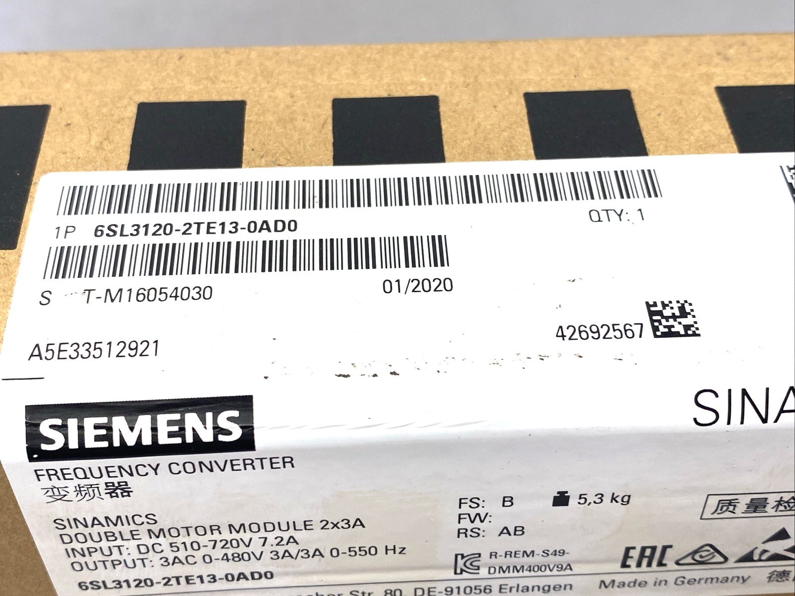 Siemens 6SL3120-2TE13-0AD0 Double Motor Module DC 510-720V 3AC 0-480V 3A 2x3A - Maverick Industrial Sales