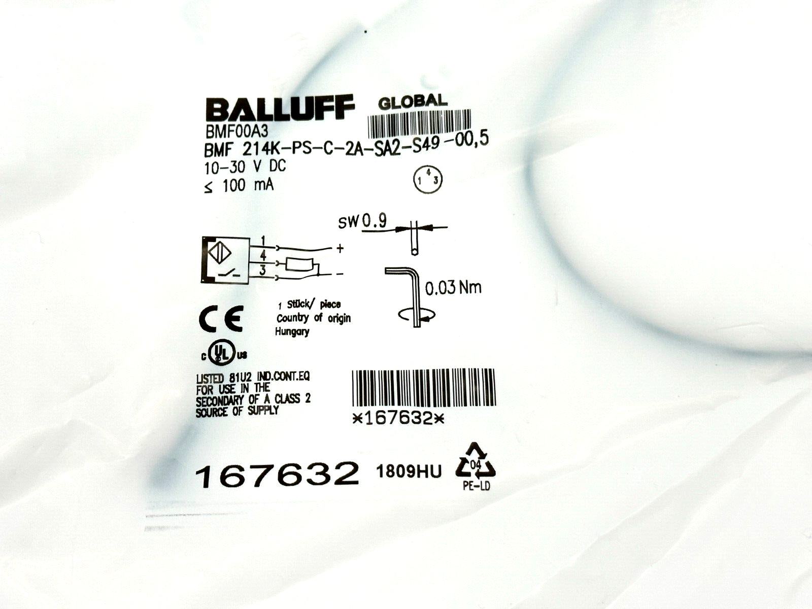 Balluff BMF 214K-PS-C-2A-SA2-S49-00,5 Proximity Switch Sensor BMF00A3 - Maverick Industrial Sales