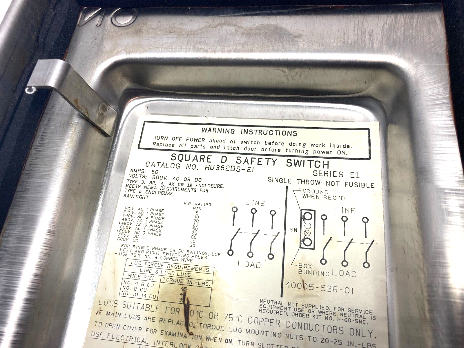 Square D HU362DS-EI Stainless Steel Heavy Duty Safety Switch Series E1 600V 60A - Maverick Industrial Sales