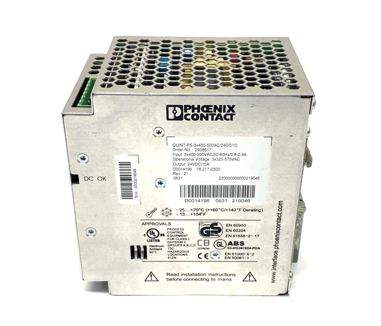 Phoenix Contact QUINT-PS-3X400-500AC/24DC/10 Power Supply 3PH 24VDC 10A 2938617 - Maverick Industrial Sales