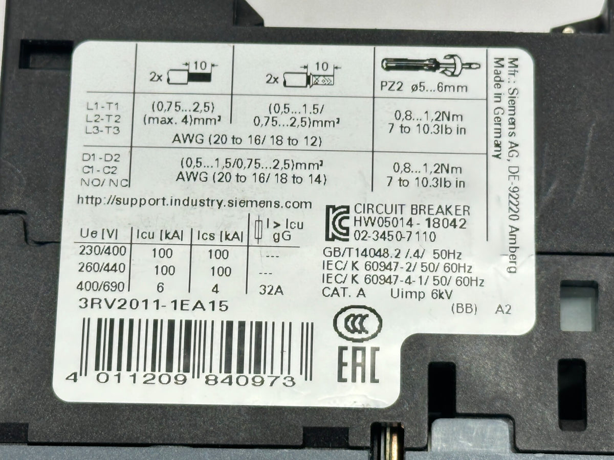 Siemens 3RV2011-1EA15 Sirius Motor Protection Circuit Breaker 2.8-4A 600V - Maverick Industrial Sales