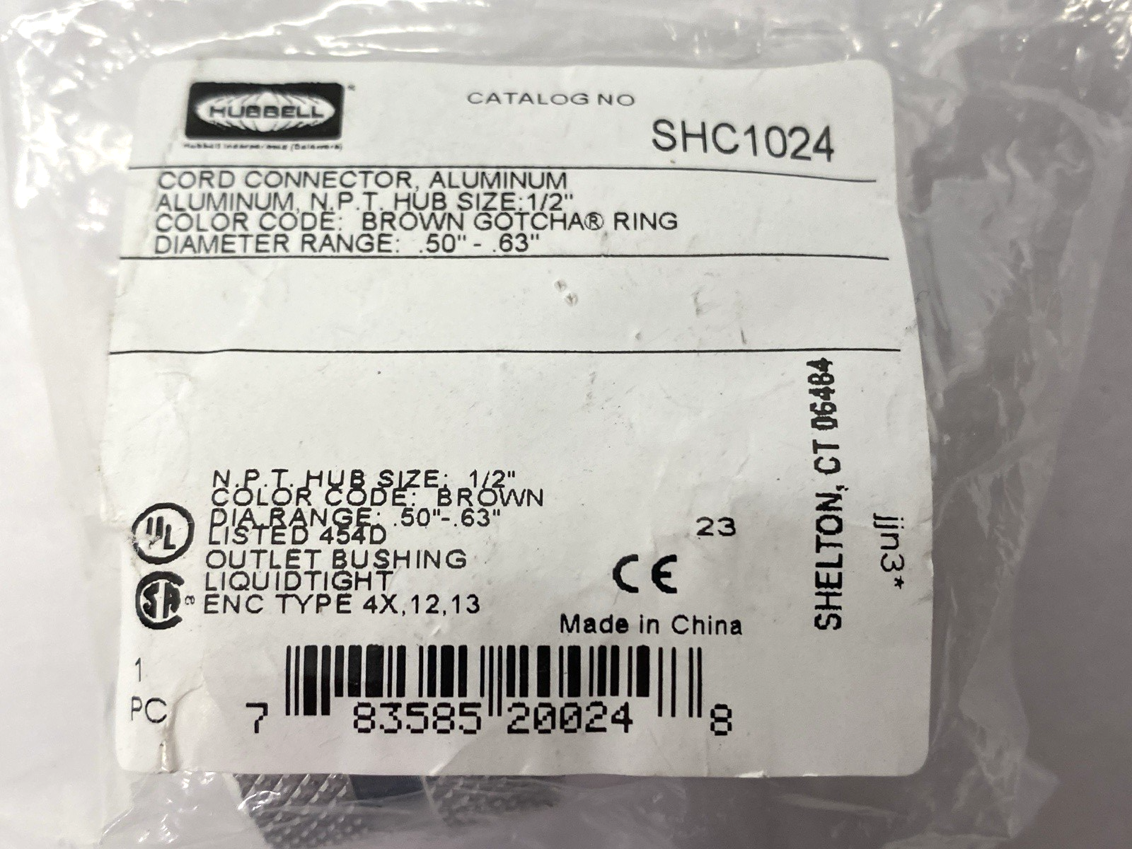 SHC1024 | Hubell Kellems Aluminum Cord Connector 1/2" Hub Size .5-.63" - New - Maverick Industrial Sales