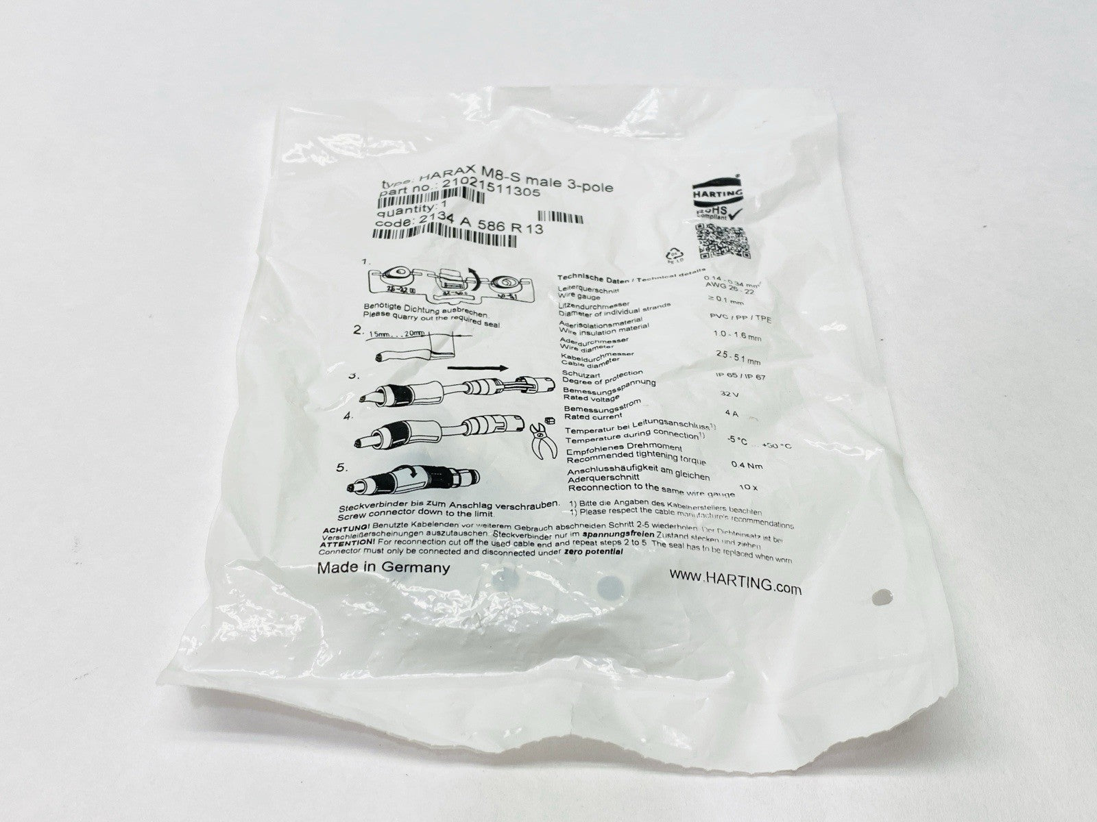 HARAX M8-S Male 3-Pole,21021511305 | Harting HARAX M8-S Male 3-Pole Circular Connector M8 21021511305 - New - Maverick Industrial Sales