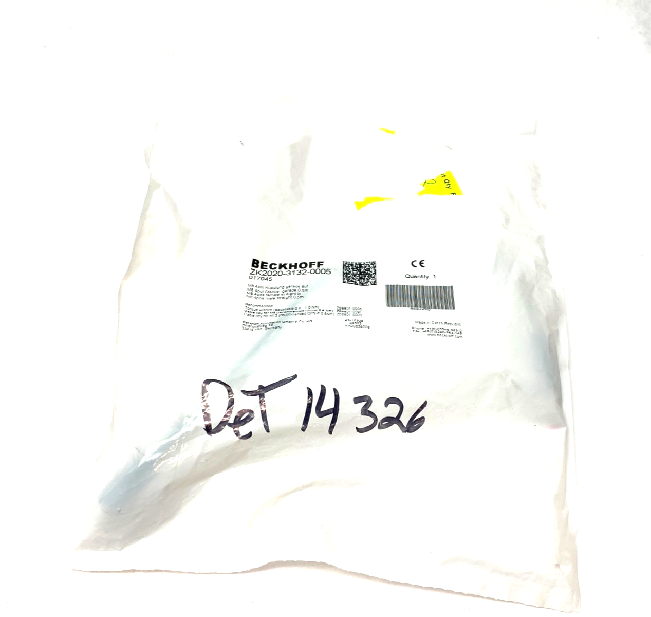 Beckhoff ZK2020-3132-0005 Double Ended Power Cable M8 4-Pos Male to Fem - Maverick Industrial Sales