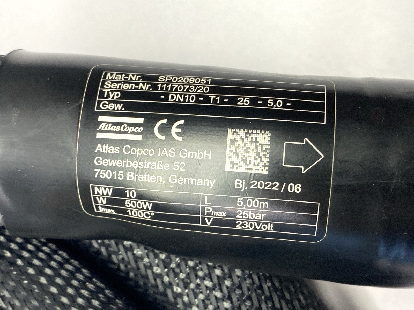 Atlas Copco SP0209051 Heating Hose 230V 500W 5m - Maverick Industrial Sales