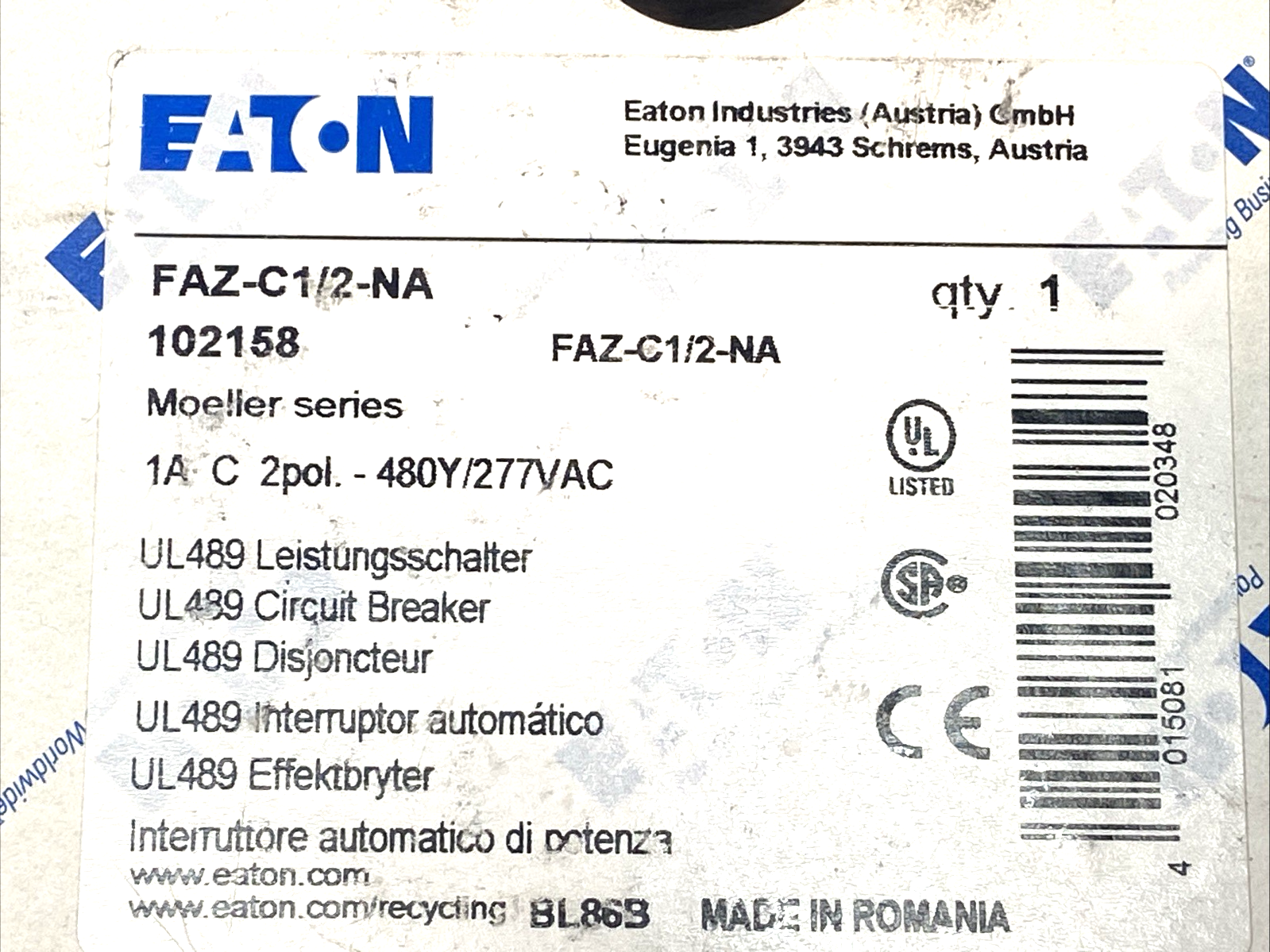 Eaton FAZ-C1/2-NA Miniature Circuit Breaker 2-Pole C-Curve 1A 102158 - Maverick Industrial Sales