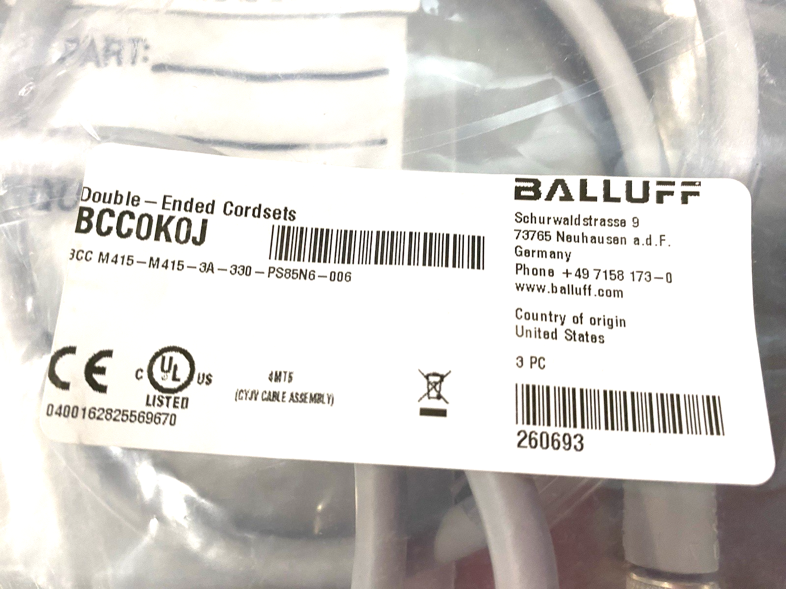 Balluff BCC0K0J Fieldbus Cable A-Coded M12 M/F BCC M415-M415-3A-330-PS85N6-006 - Maverick Industrial Sales